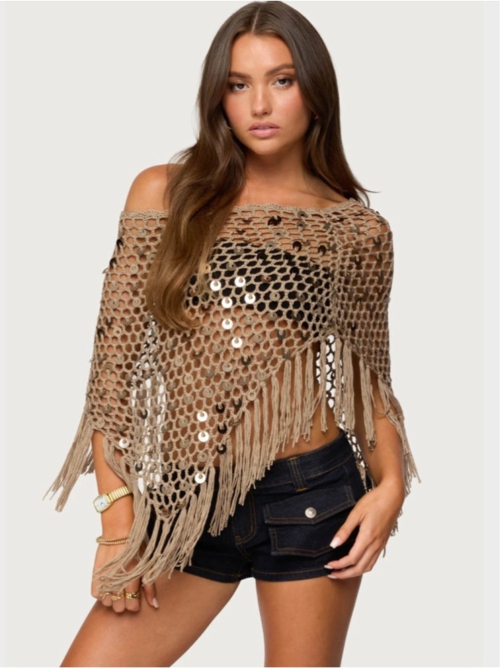 Fringe Sequin Crochet Fishnet Poncho by Dizzy Lizzy Natural Beige Sz M Bohemian